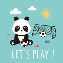 Cute panda bear playing football at yard. Cartoon panda character hand drawn illustration for fabric textile print wrapping paper design.