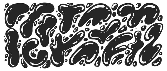 Abstract blob shapes. Organic liquid random wavy forms. Irregular fluid black spots and bubbles. Vector glossy elements. Trendy drops silhouettes. Modern Y2K swirl amoeba splotch.