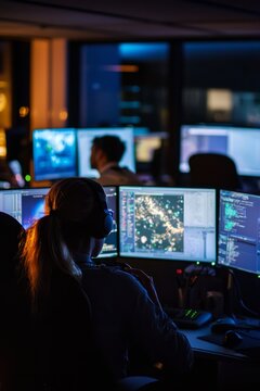 A team responding to a cyber attack, managing both technical and communication aspects. Workstations with security