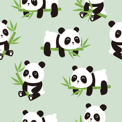 Seamless cartoon panda bear with bamboo leaves on green background. Cute Panda pattern for kids apparel fabric textile nursery decoration wrapping paper.