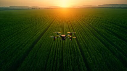 Drone Flying Over a Field: A drone equipped with cameras and sensors flying over a large green field, symbolizing modern agriculture monitoring.