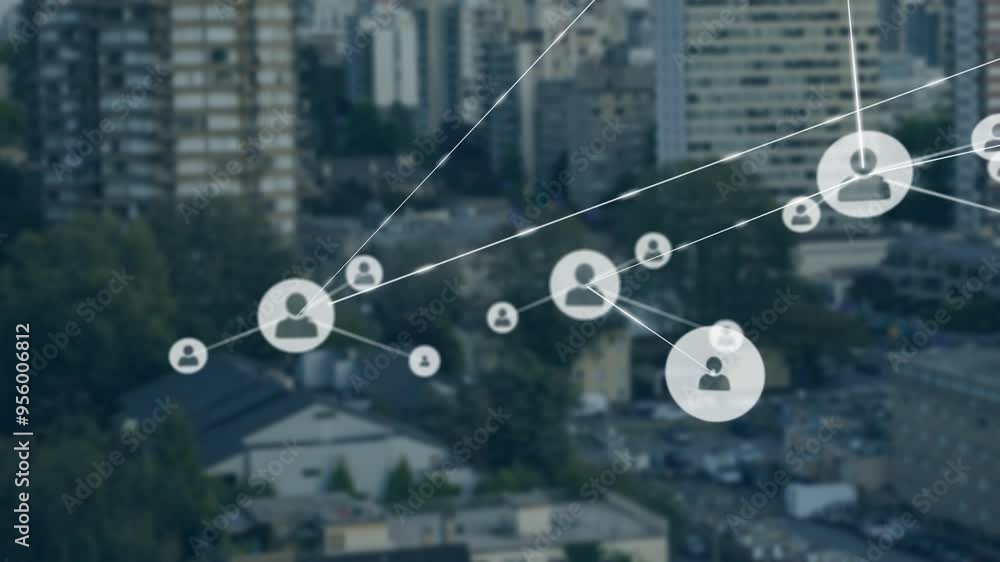 Poster network of connections and data processing animation over urban cityscape
