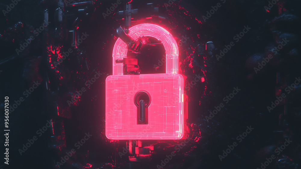 Poster futuristic red lock embedded in a dark, mechanical structure