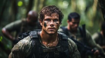 Fototapeta premium Alert ranger portrait with weapons showing preparedness, readiness, and heightened vigilance
