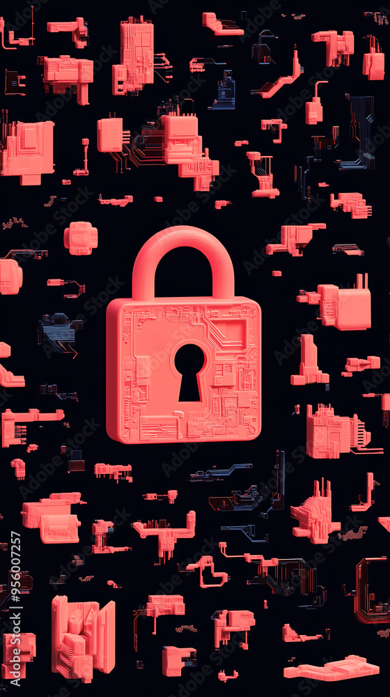 Poster large digital lock surrounded by floating tech components in a dark, futuristic setting