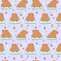 Seamless pattern featuring capybaras resting on floating cushions with stars and moons on a lavender background