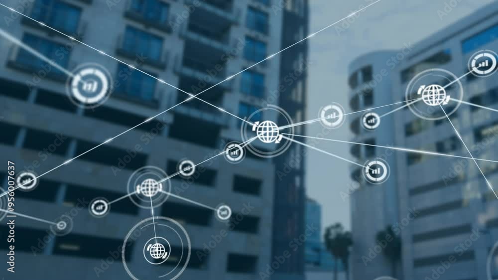 Poster network of connections and data processing animation over urban buildings