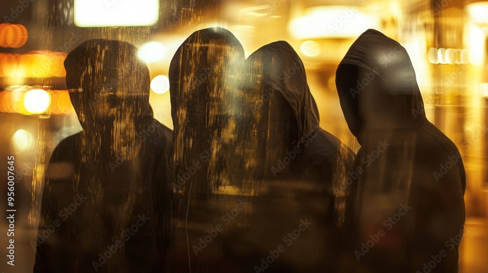 Wall mural Four figures stand in front of a cityscape at night, their faces obscured by hooded garments.  The figures are silhouetted against the bright lights of the city, creating a sense of mystery and intrig