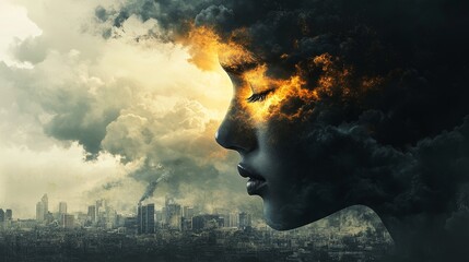 This dramatic image depicts a woman's face engulfed in stormy clouds, symbolizing inner turmoil, emotional distress, and the weight of the world. Her closed eyes suggest sadness and pain, while the fi