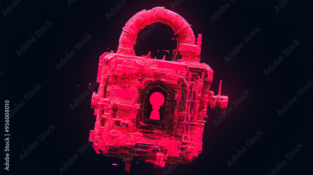 Poster intricate red lock constructed from digital circuits floating in a dark space