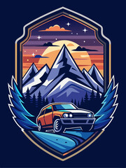 Naklejka premium Car Driving Through Mountains Under a Night Sky