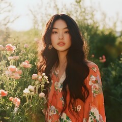 Naklejka premium Asian Woman in Floral Path Under Sunlight Enjoying Nature s Beauty