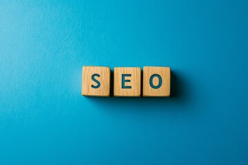 Wooden blocks spelling out SEO on a blue background. This image symbolizes the importance of search engine optimization for online success,  the building blocks of a strong online presence, and the cl