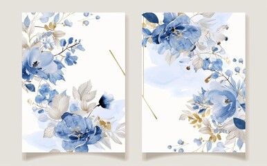 Set of Two Wedding Invitation Card Templates with Blue Flowers and Golden Frame on a White Background