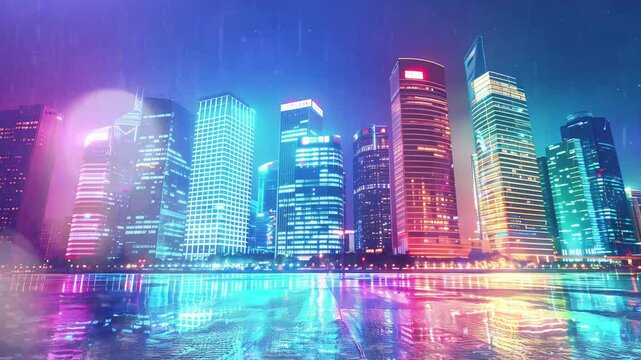 modern city lit by colorful light effect at night seamless looping overlay 4k virtual video animation background
