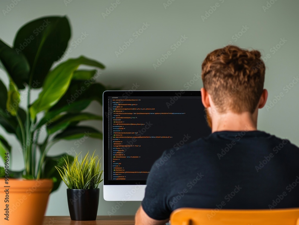Poster web developer working on website code in home office with plants - modern workplace concept.