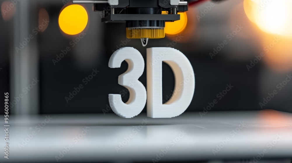 Poster 3d printing technology close-up of a 3d printer creating the number 3d.
