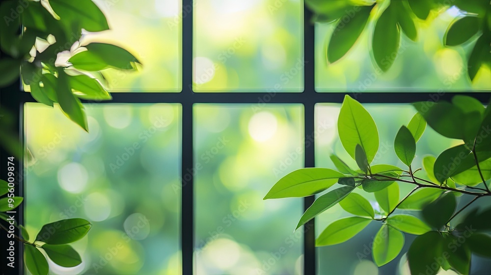 Poster blur background of close up of a window with green leaves outside. window view of tree leave and blu