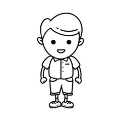 A black and white illustration of a cartoon boy character, standing upright and smiling.