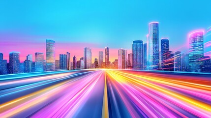 Fototapeta premium Vibrant city skyline at sunset with colorful light trails, showcasing modern architecture and a dynamic urban environment.