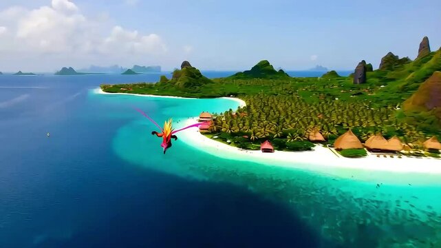 Fantasy Dragon Flying Over Tropical Island Paradise