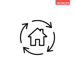 Single black house renovation line icon, simple update home with arrow flat design pictogram vector for app logo ads web webpage button ui ux interface elements isolated on white background