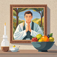 A Dramatic Vector Illustration of a Man Praying in a Framed Portrait and a Bowl of Fruit as A Moment of Reflection and A Visual Representation of Faith and Hope, Prayer Stillness