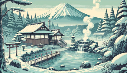 Japanese Onsen Tour (Hakone, Beppu, etc.).
Vector illustration.