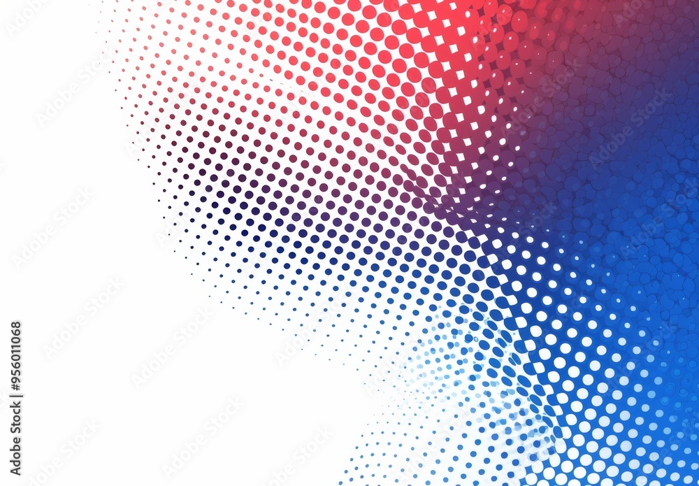 Poster vector background with halftone dots in blue and red colors on white, featuring wave-like shapes