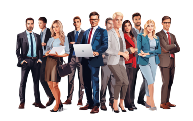 Business people working at laptop Different men on transparent background, png