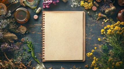 A health journal surrounded by natural elements and health care symbols painted in warm, inspiring colors to represent the journey to health.