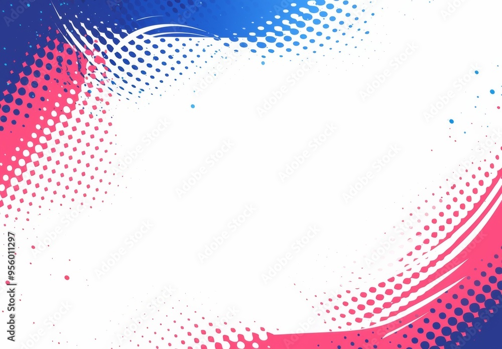 Poster vector background with halftone dots in blue and red colors on white, featuring wave-like shapes