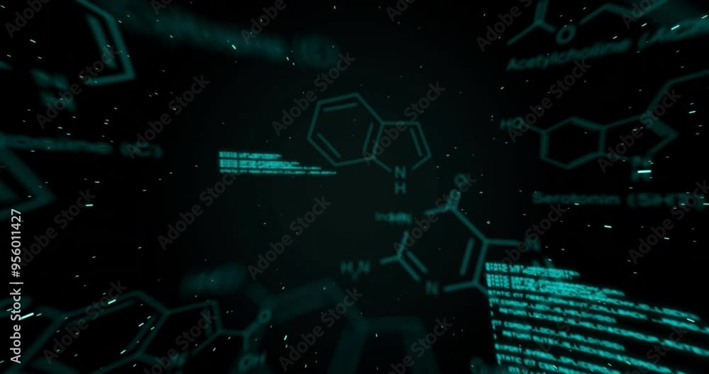 Poster chemical structures and molecular formulas animation over dark background with floating particles