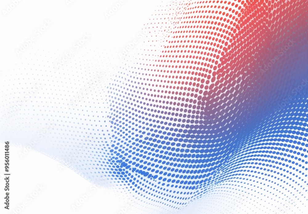 Poster vector background with halftone dots in blue and red colors on white, featuring wave-like shapes