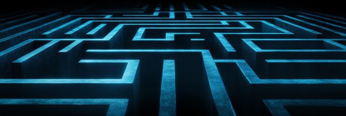 A futuristic illuminated maze with glowing blue lines on a dark background.