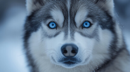 Obraz premium Captivating gaze of the Siberian Husky amidst the icy wilderness, where every strand of fur tells a story of resilience and grace. Witness the beauty of nature's finest creation through the piercing b