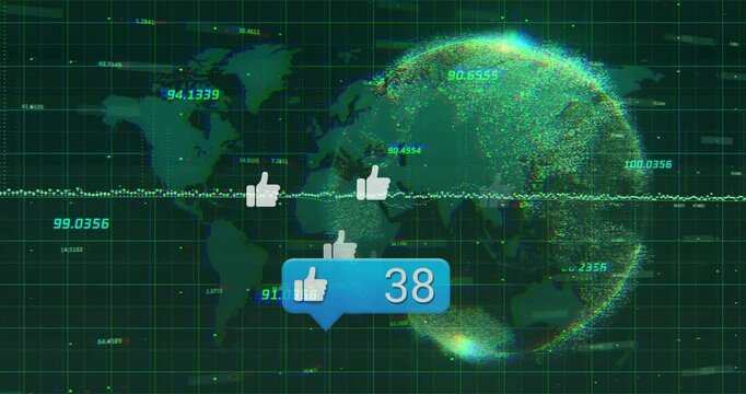 Social media likes animation over digital globe and world map background - Powered by Adobe