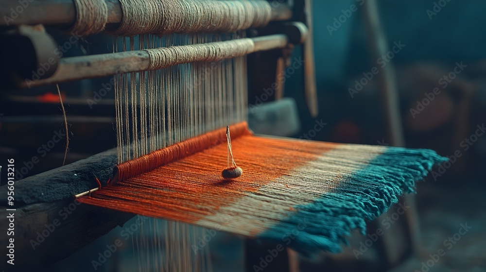 Poster Detailed Handloom Shuttle Weaving Through Textile Threads with Clear Precise Lighting