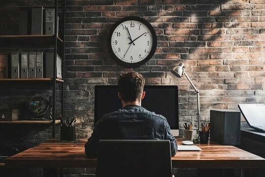 An employee putting in extra hours to meet an important deadline. The workspace shows signs of their commit