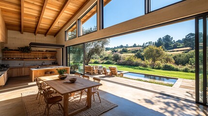 Fototapeta premium Dining area showcases a rustic table made from reclaimed barn wood paired with chairs upholstered in eco-friendly fabrics natural light floods the space highlighting the natural beauty of the