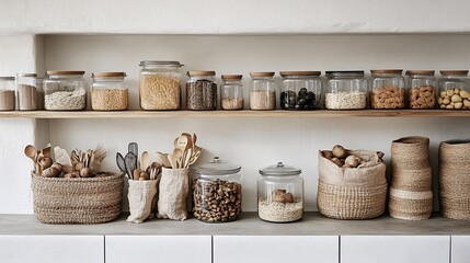 Kitchen setup with glass jars filled with dry foods neatly organized on open shelves no plastic packaging visible cloth bags and baskets are used for produce promoting a zero-waste lifestyle Stock