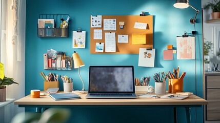 A creative desk in a home office setting, featuring a laptop, a notice board, and a blue accent wall. The desk is adorned with various office supplies and personal touches, creating a welcoming and i