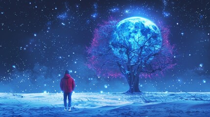 Obraz premium Man in Red Contemplates a Blue Moon, Illuminating a Snowy Landscape and Ethereal Tree
