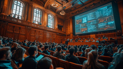 A grand lecture hall in a prestigious university, filled with students of all ages