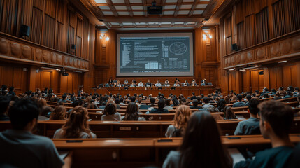 A grand lecture hall in a prestigious university, filled with students of all ages