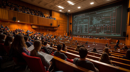 A grand lecture hall in a prestigious university, filled with students of all ages