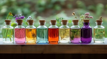 Person making homemade cleaning products in glass bottles labeled with natural ingredients using vinegar and essential oils reducing the need for commercial plastic-packaged cleaners Stock Photo with