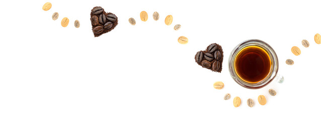 Amantes del café, banner. Ondas y corazones formados con granos o semillas de café alrededor de una taza.
