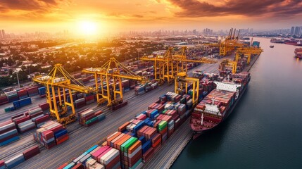 Bustling international shipping port at sunset containers being loaded with precision highlighting the global logistics network.