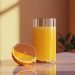 Glass of orange juice with a halved orange beside it. Warm lighting highlights the vibrant color and freshness.